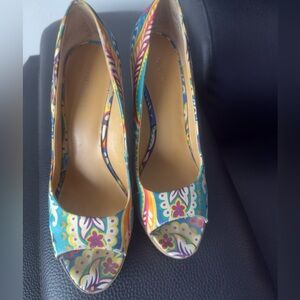 Nine West Multicolor Turquoise Floral Peep-Toe Heels